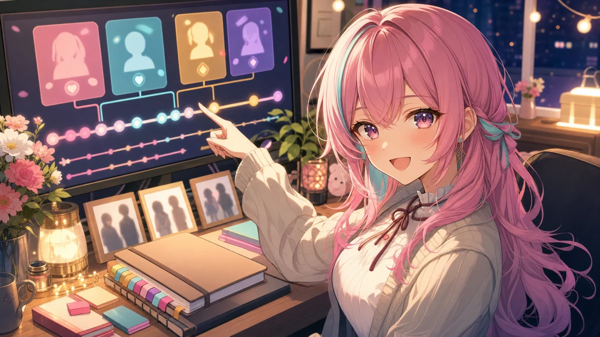 配信タイムラインと確認メモを前に、次に追う場面を考えるオリジナル女性キャラクターのイメージ