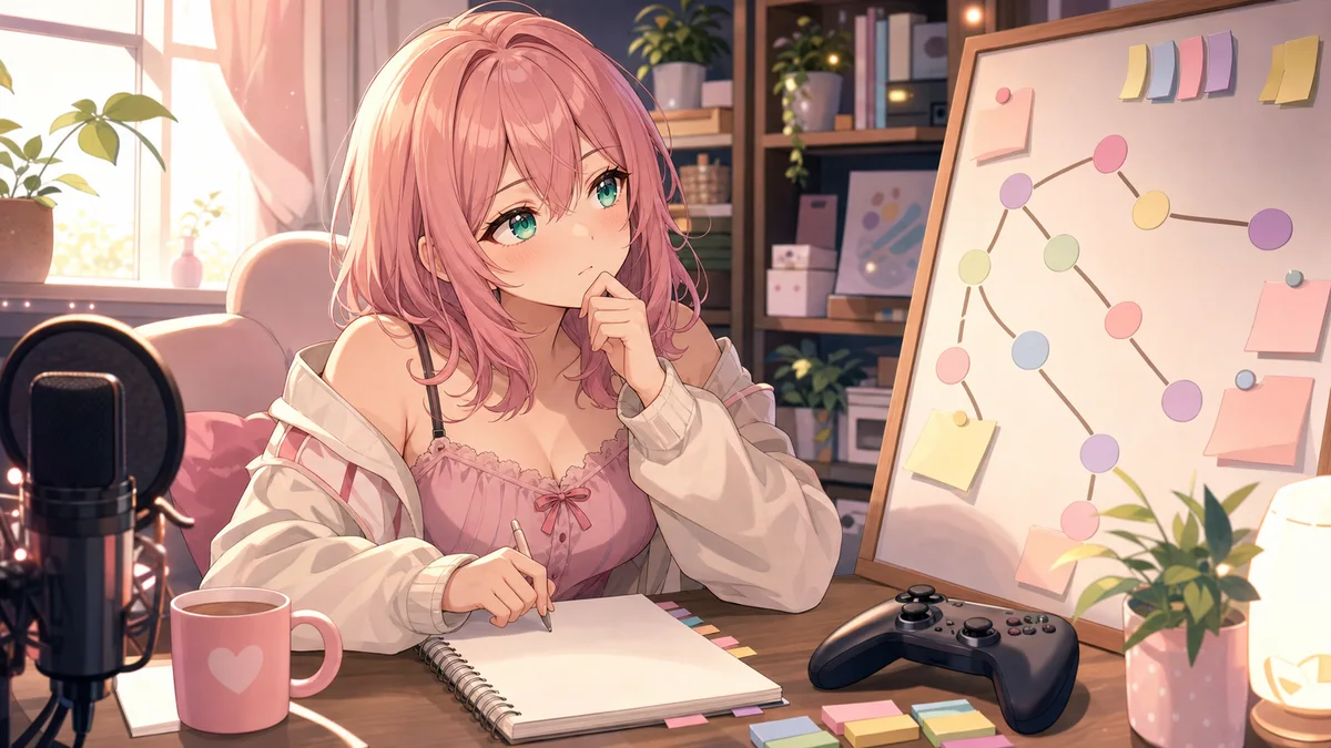 朝の配信部屋でノベルゲームの分岐メモと湯気の立つ飲み物を前に考える女性キャラクターのイメージ
