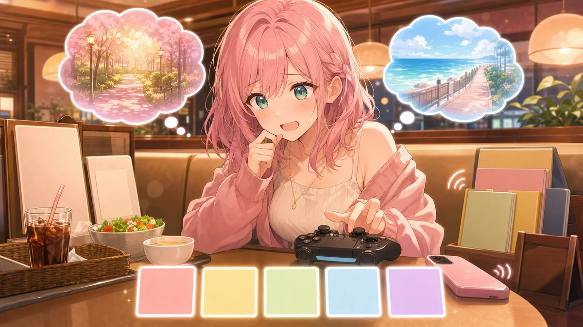 ファミレス風の明るい店内でメニュー表とセーブメモを並べて悩む女性キャラクターのイメージ