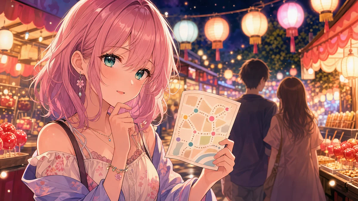 夕暮れの祭り会場で提灯と屋台を背景に分岐メモを持つ女性キャラクターのイメージ