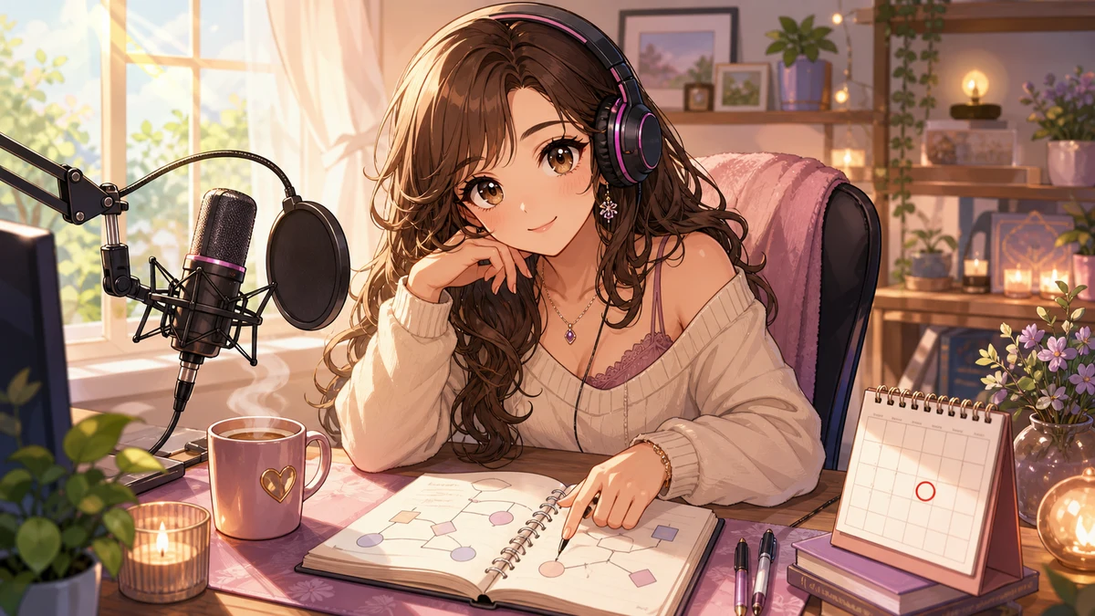 朝の配信部屋でノベルゲームの分岐メモとカレンダーを前に考え込むオリジナル女性キャラクターのイメージ