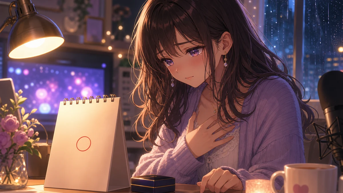 夜の部屋で赤い印のあるカレンダーと配信画面を見比べるオリジナル女性キャラクターのイメージ