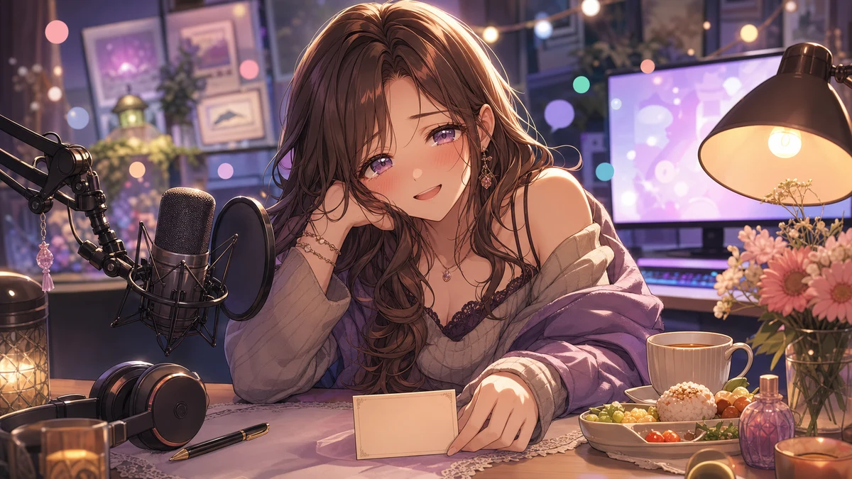 配信後の机でコメント欄と昼食メモを並べ、温かいライトの下で息をつくオリジナル女性キャラクターのイメージ