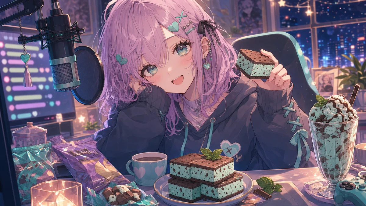 ミント色のスイーツと配信机を前に笑う女性キャラクターのイメージ