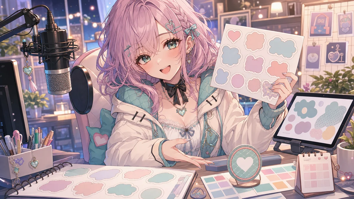 ステッカー案とティーカップ型コースターを机に並べて考える女性キャラクターのイメージ