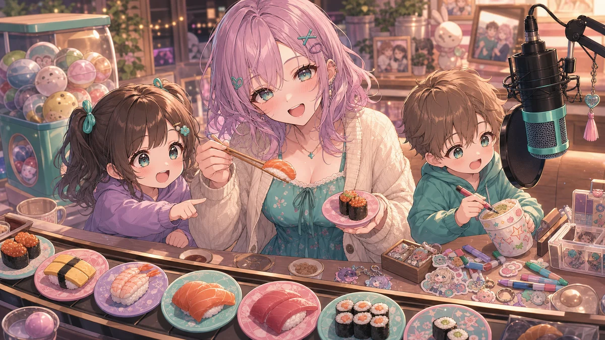 回転寿司の皿と体験施設の小物を前に話す女性キャラクターのイメージ