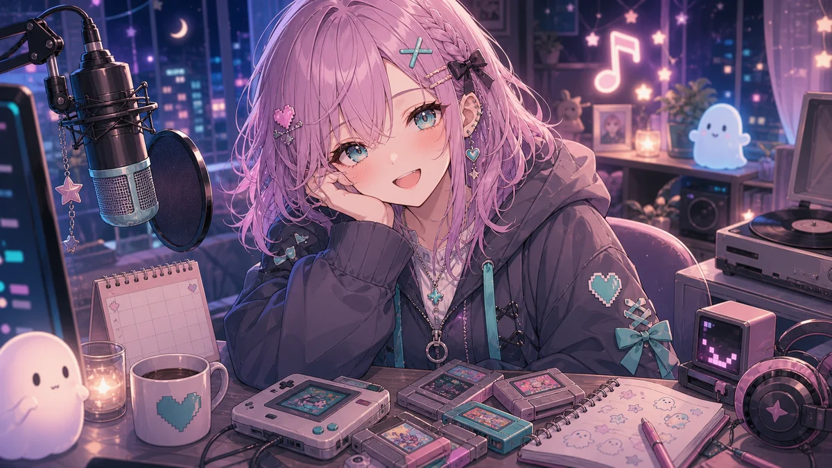 夜の配信部屋でゲーム機と小さなカレンダーを眺める女性キャラクターのイメージ