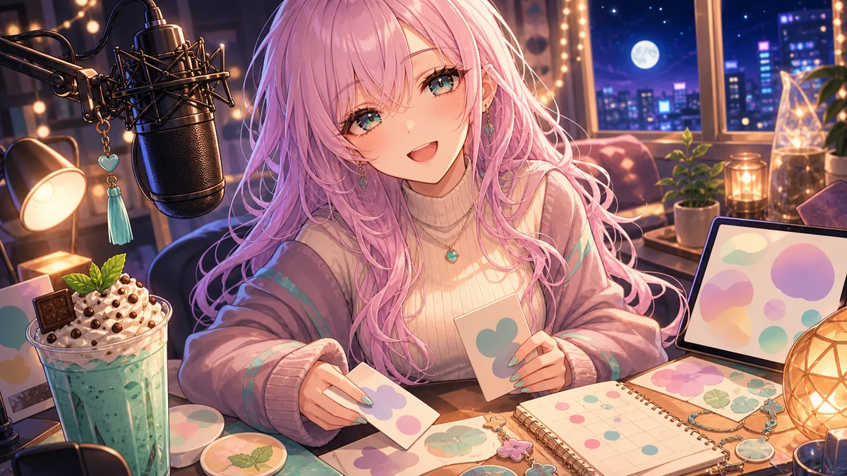夜の配信机でノートとスマートフォンの抽象アイコンを整理する女性キャラクターのイメージ