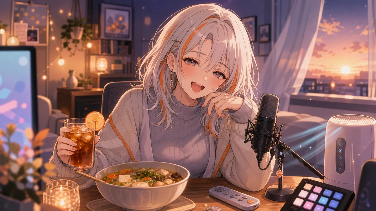 夜明け前の部屋でマイク、飲み物、小さな食事皿、冷房のリモコンが並び、白銀髪の女性キャラクターが笑っているサムネイル風イラスト