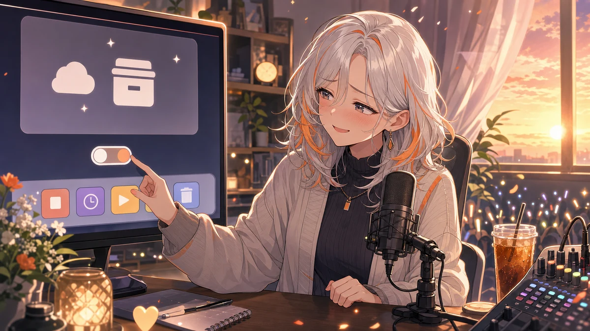 マイク横のタイマーと小さな拍手アイコン風の光が浮かび、白銀髪の女性キャラクターが少し照れながら画面を見るサムネイル風イラスト