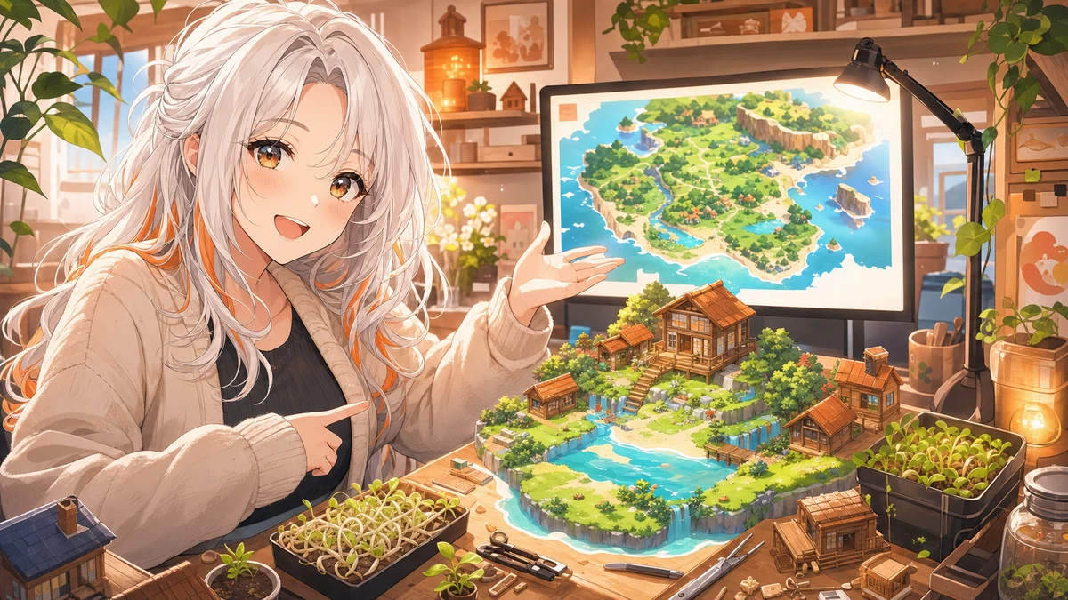 木の家と小さな作業台が並ぶ配信部屋で、白銀髪にオレンジの差し色が入った女性キャラクターが画面を指すサムネイル風イラスト