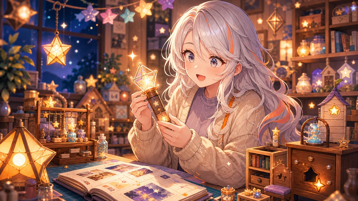 星形ランプときらめく探索道具が浮かぶ部屋で、白銀髪の女性キャラクターが驚いた表情を見せるサムネイル風イラスト