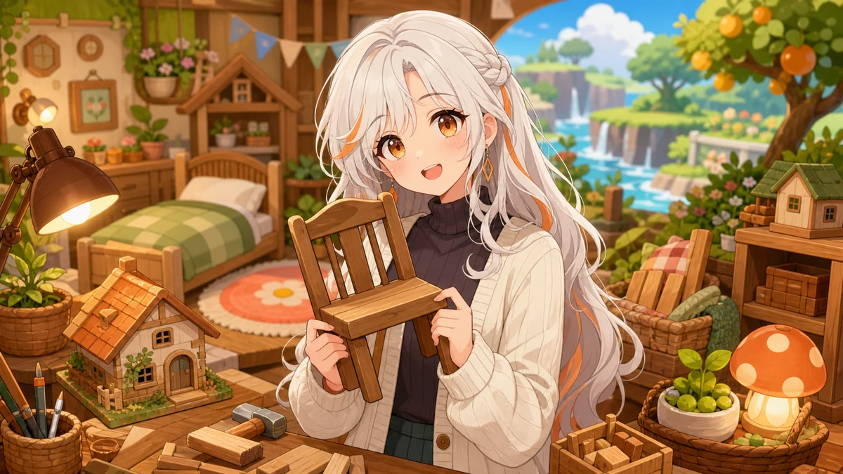 作業台、木材、豆の畑、丸いランプが並ぶ明るい島の一角で、白銀髪の女性キャラクターが家具を運ぶサムネイル風イラスト