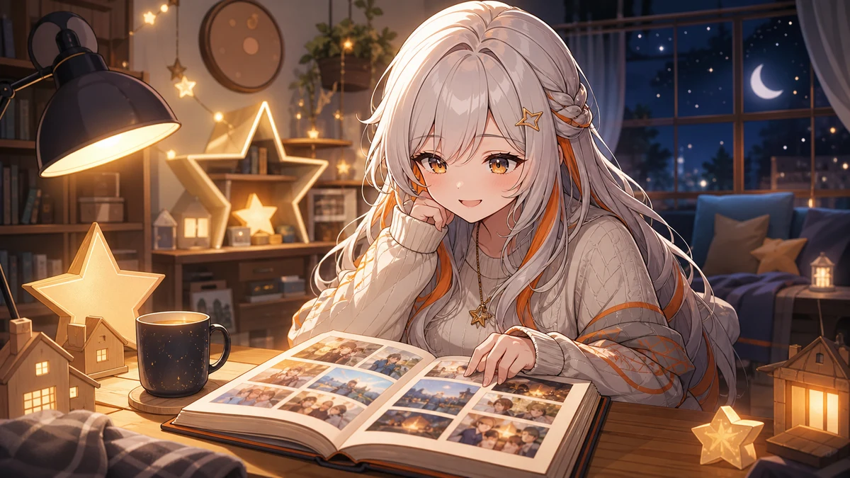 アルバム写真、星形の家具、柔らかい照明の机を前に、白銀髪の女性キャラクターが笑うサムネイル風イラスト