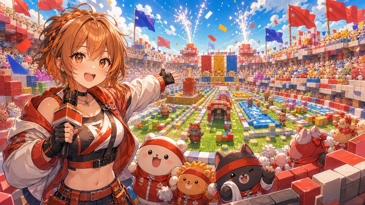 VEEマイクラ運動会の開幕をイメージした、赤いチーム旗とブロック競技場のかわいいサムネイル風イラスト