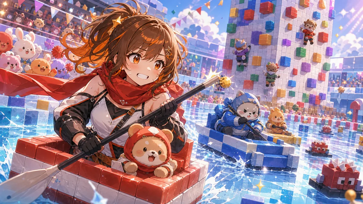 氷上ボートレースと頂上争奪戦をイメージした、アイスコースとブロック塔のかわいいサムネイル風イラスト