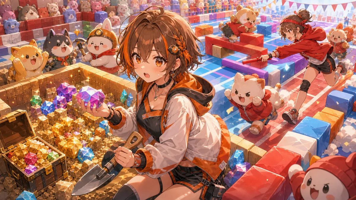 発掘レースと妨害リレーをイメージした、宝箱と障害物コースのかわいいサムネイル風イラスト