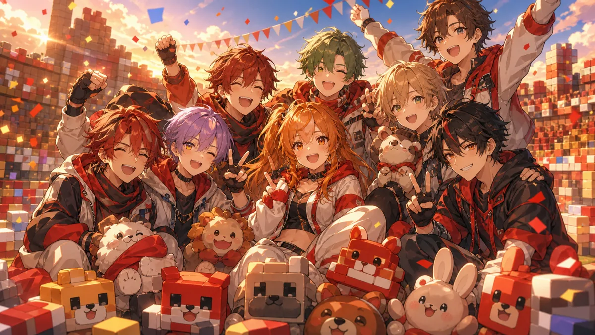 TNT軍の勝利後集合をイメージした、夕暮れの競技場で並ぶかわいいマスコットとオリジナルキャラクター