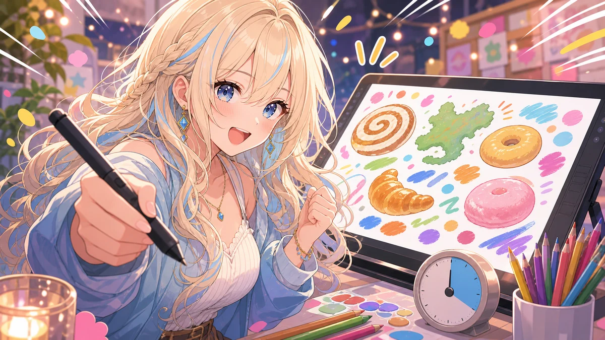 ペンタブレットに似た形のラフな絵とタイマーが並ぶイメージ