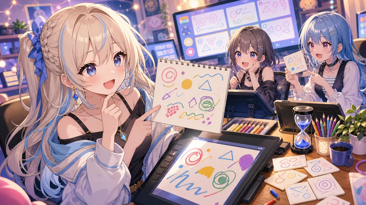 色鉛筆と抽象的なスケッチを囲んで答えを考える人物たちのイメージ
