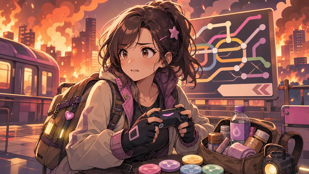 カルロス合流後に地下鉄復旧へ向かう街探索をイメージしたオリジナル女性キャラクターのイラスト