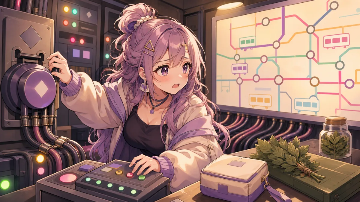 変電所と鉄道会社で回復やルート入力に悩むオリジナル女性キャラクターのイラスト