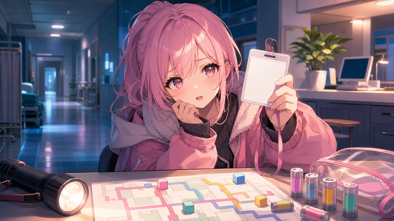 病院探索で弾数と地図とIDカードを確認するオリジナル女性キャラクターのイラスト