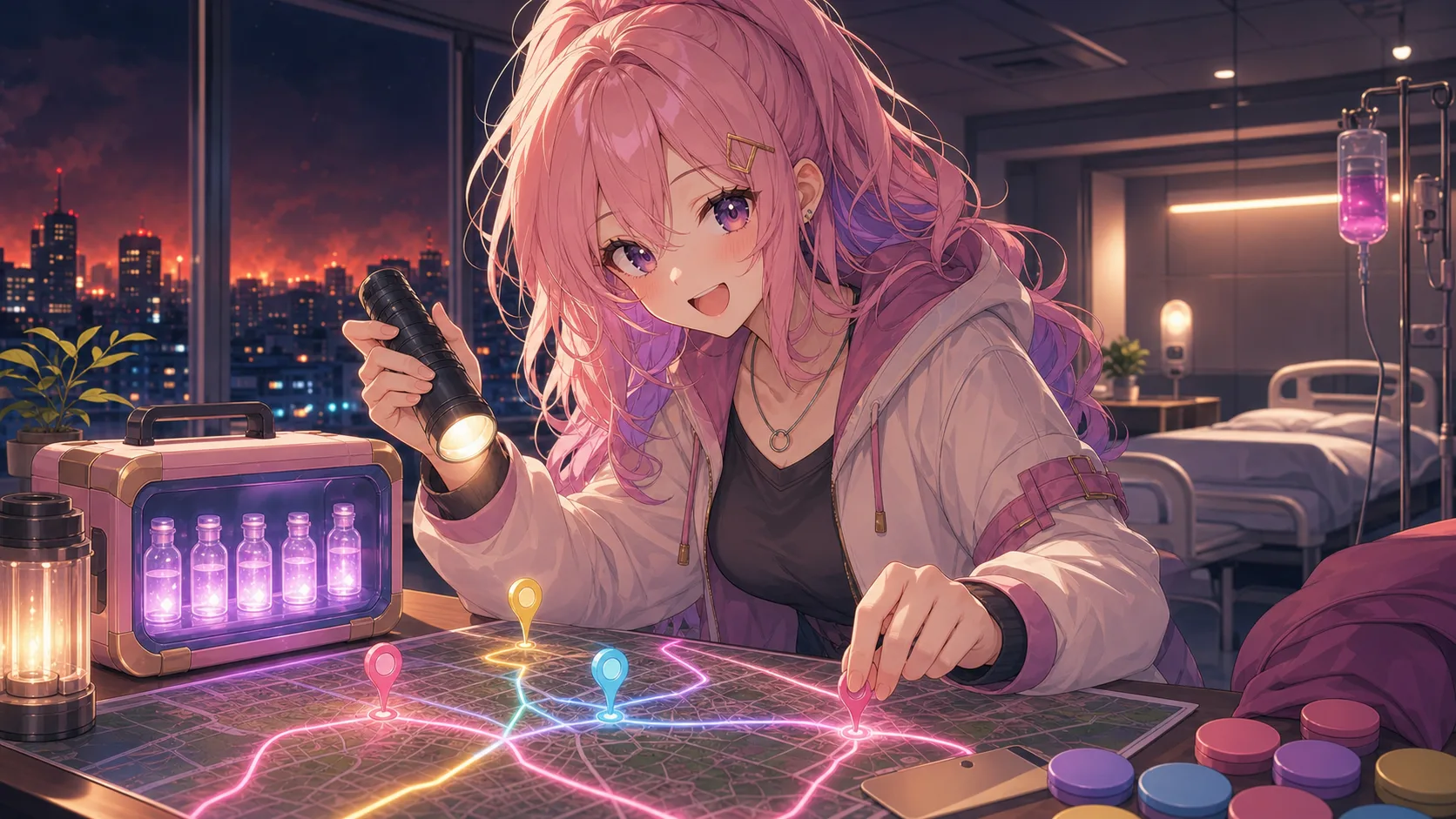 病院の地図とワクチンケースを前に配信の流れを整理するピンク髪の女性キャラクターのイラスト