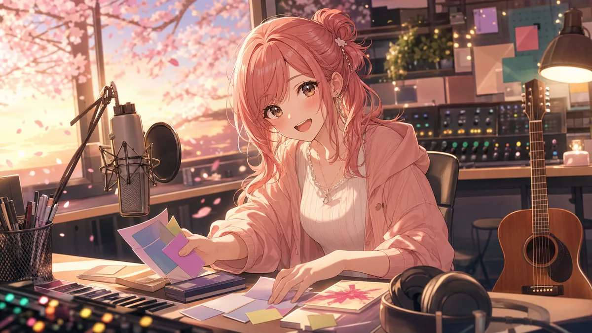 制作クレジットと桜のMVメモを整理するオリジナル女性キャラクターのイメージ