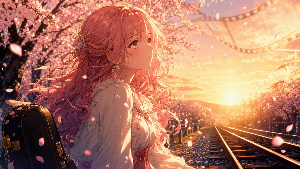 桜並木と線路の夕景でMV冒頭の記憶を開くイメージ