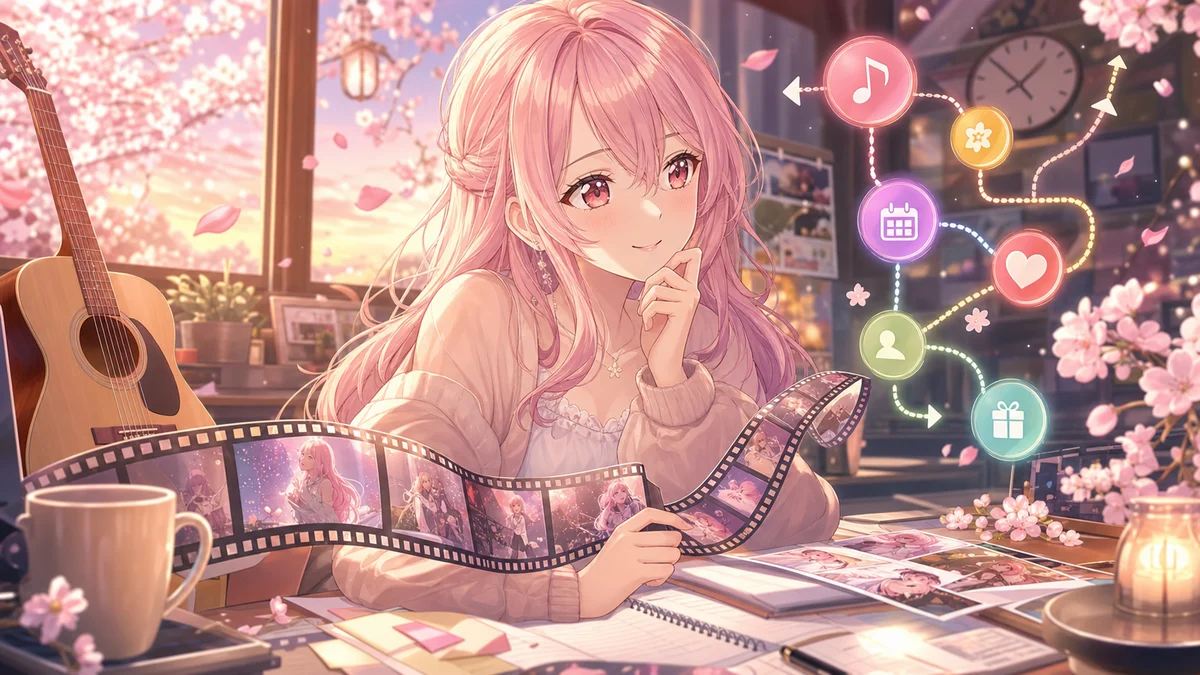 桜やフィルム、時計と公式導線を机上で整理するオリジナル女性キャラクターのイメージ