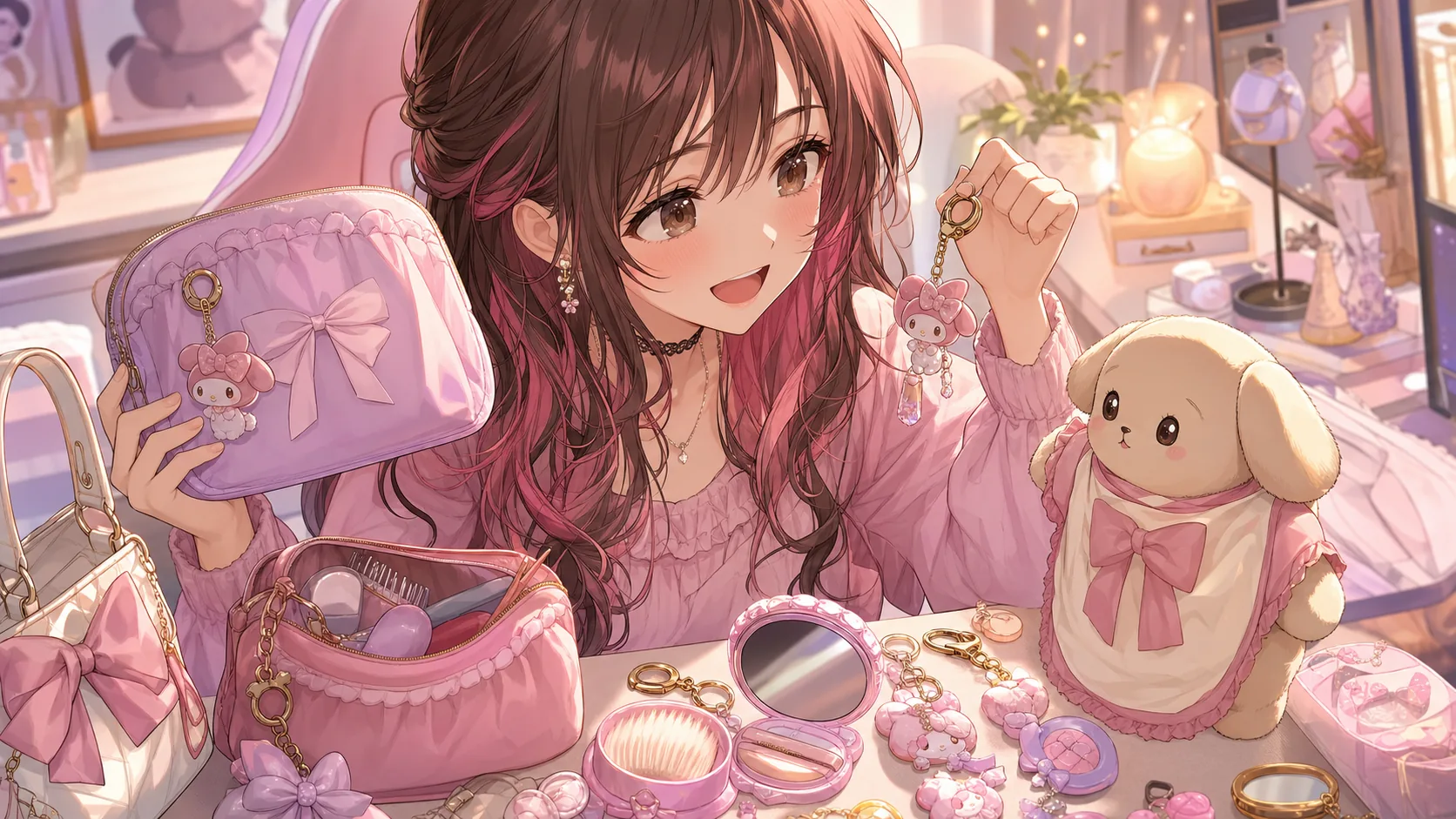 ポーチやキーホルダーを並べて試す場面をイメージしたイラスト