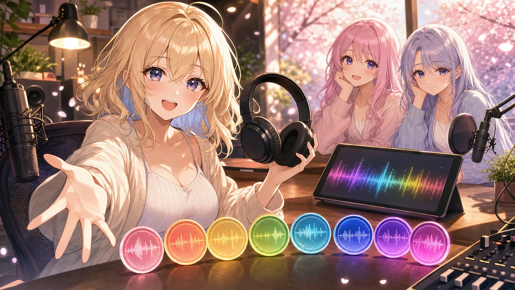 ヘッドホンと色分けされた音声トークンを前に春の音声企画を選ぶイメージ