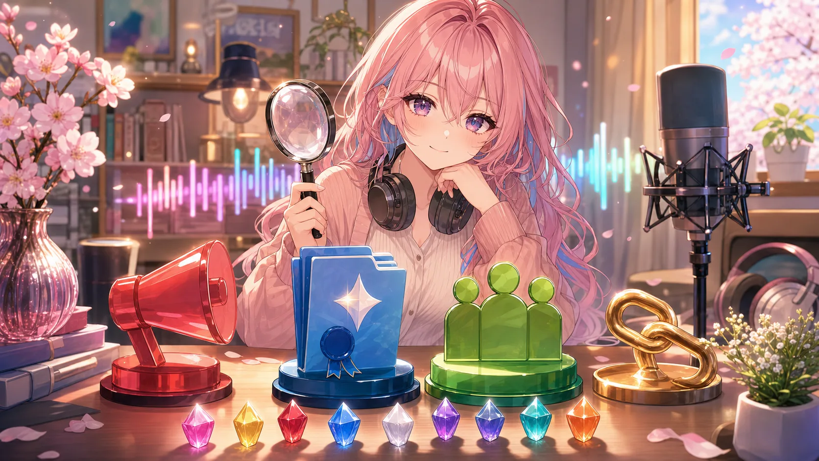 虫眼鏡と音声波形、資料オブジェクトで確認元を照らし合わせるイメージ