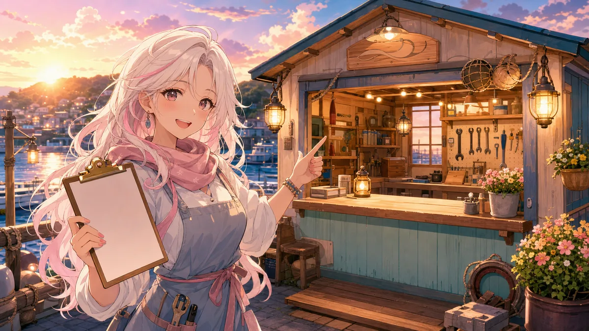 港町の作業場に明かりがともり、白髪の人物が空のクリップボードを持っているイラスト