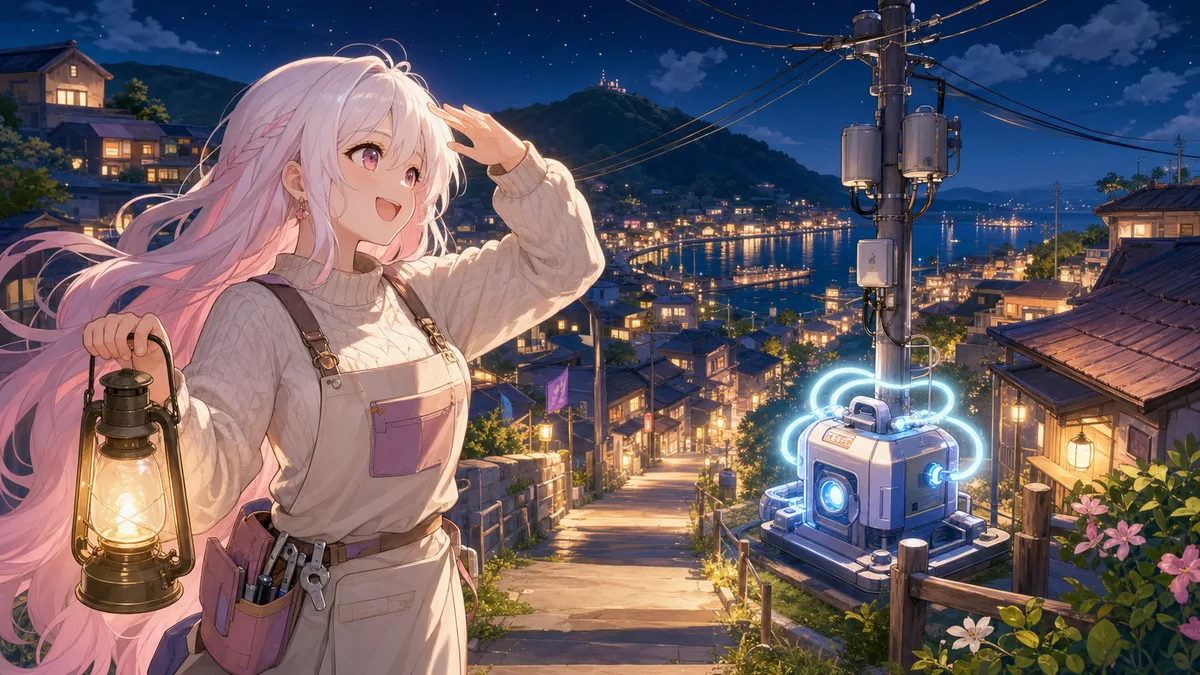 明かりが戻った港町を、白髪の人物がランタンを持って見渡しているイラスト