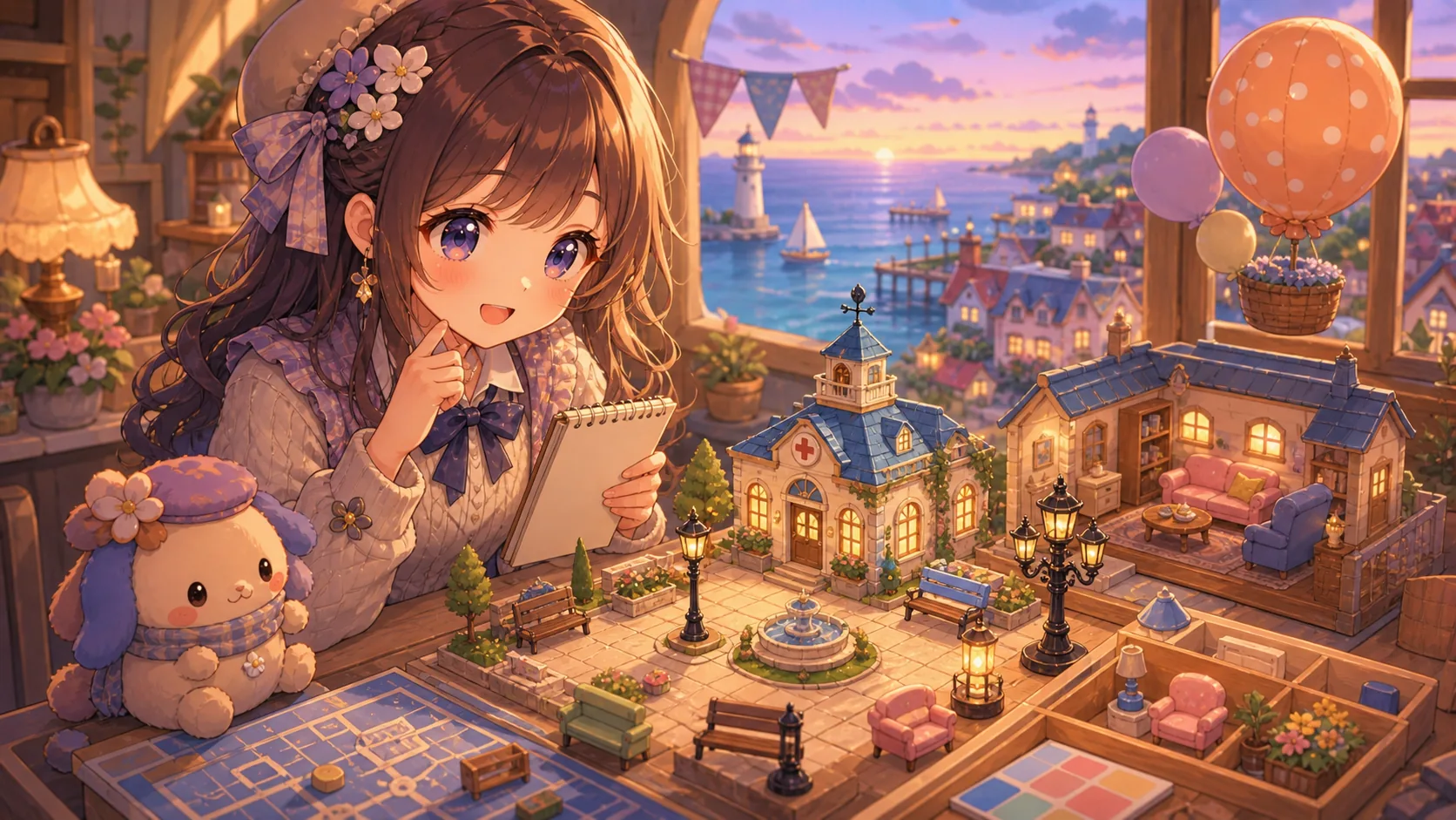 完成した拠点と家具メモを前に海辺の町を整えるオリジナルキャラクターのイメージ