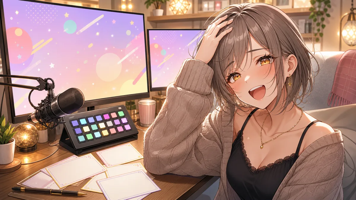エンディングを間違えて流した配信部屋で照れ笑いするオリジナル女性キャラクターのイメージ