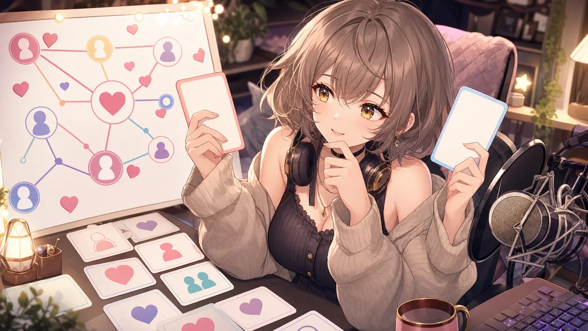 診断画面を前に質問カードと小物を並べて考えるオリジナル女性キャラクターのイメージ