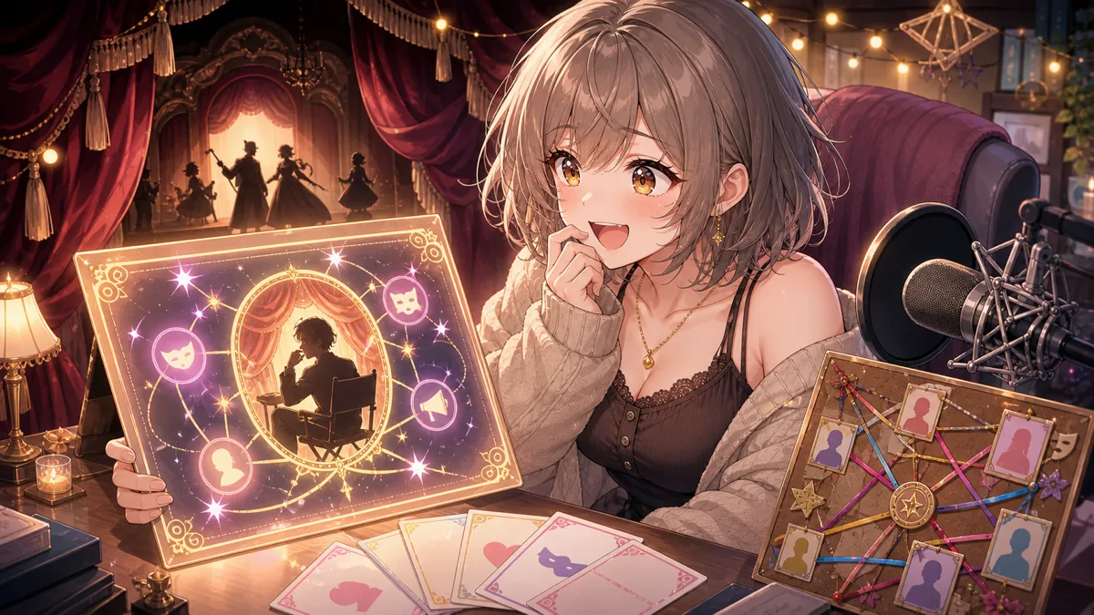 秘密の小劇場風の配信セットで診断結果を眺めるオリジナル女性キャラクターのイメージ