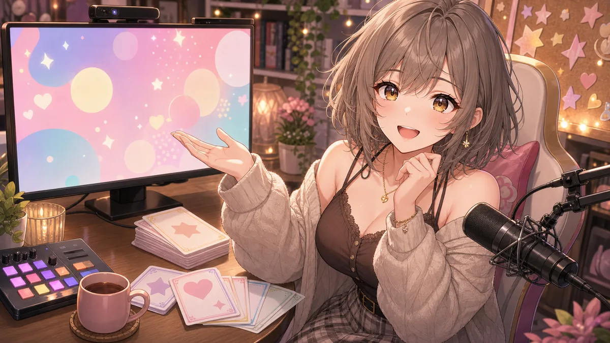 コメント欄の反応を横目に配信を締めるオリジナル女性キャラクターのイメージ