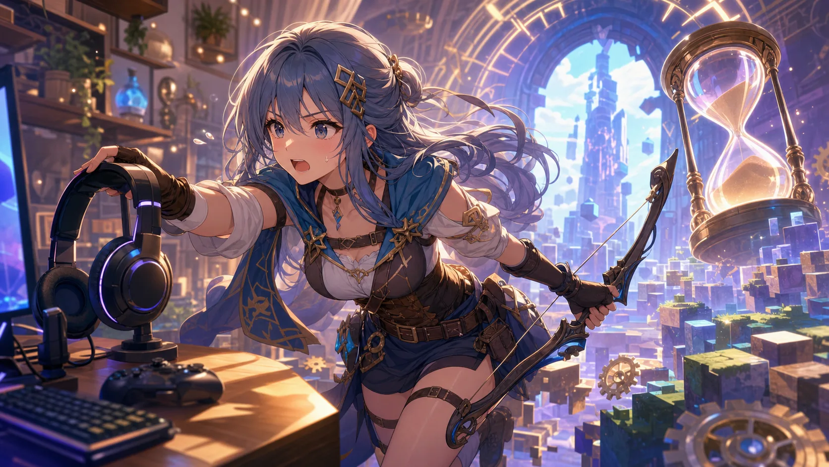 最終日の塔攻略へ急いで準備するオリジナル女性キャラクターのイメージ