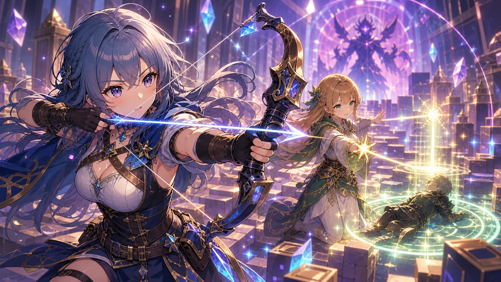 ハデス戦を抽象化した塔の広間で回復の光と弓を構えるオリジナル女性キャラクターのイメージ