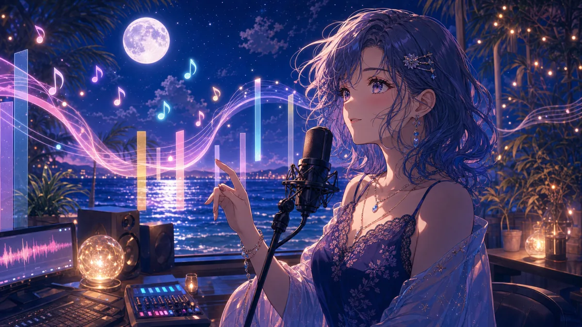 夜景の配信スタジオで光る音符と歌詞カードを眺めるオリジナル女性キャラクターのイメージ