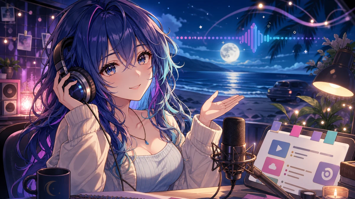 月明かりの海辺を背景にヘッドホンとマイクで音源を確認する青い髪のオリジナル女性キャラクターのイメージ