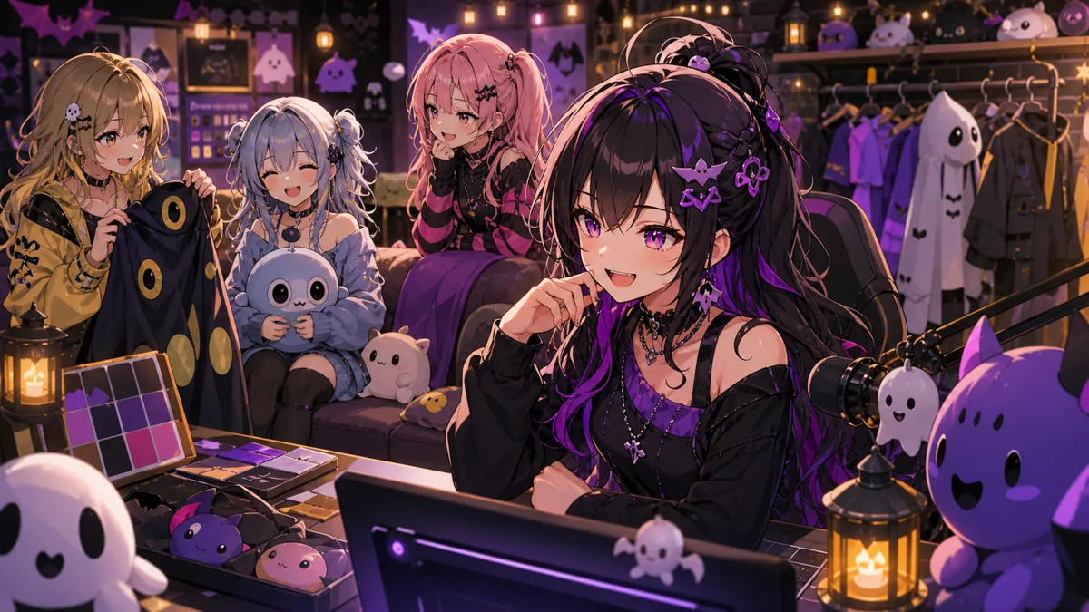 配信前のロビーで大人数コラボの準備をするかわいいオリジナル女性キャラクターのイメージ