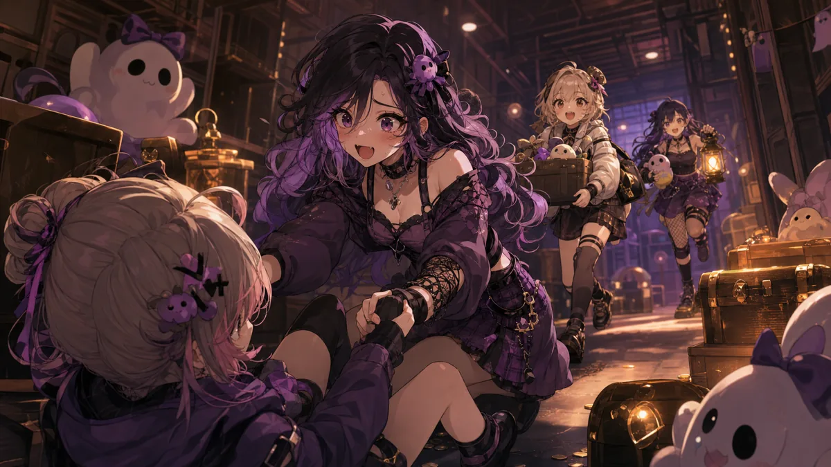 暗い倉庫で驚きながら仲間を助けるかわいいオリジナル女性キャラクターのイメージ