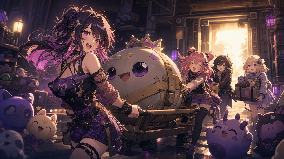 仲間と大きな荷物を運んで脱出口へ向かうかわいいオリジナル女性キャラクターのイメージ
