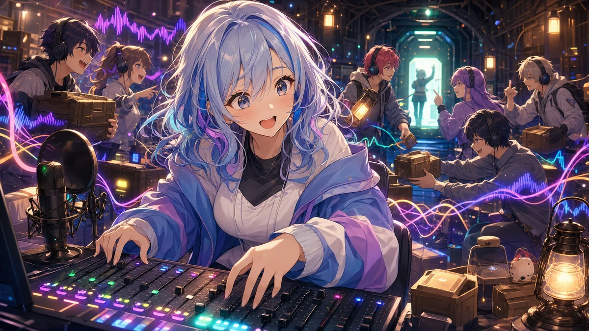 音声波形が走る配信部屋で荷物を運ぶ仲間を確認するかわいいオリジナル女性キャラクターのイメージ