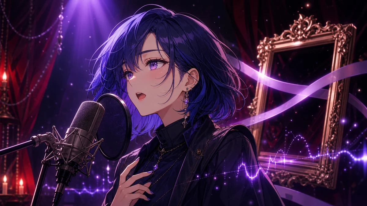 赤黒い背景と紫のスポットライトの中で音符と額縁が浮かぶサムネイル風イラスト